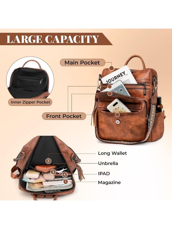 Stylish Brown PU Leather Anti-Theft Backpack Purse for Work, Travel & Daily Use
